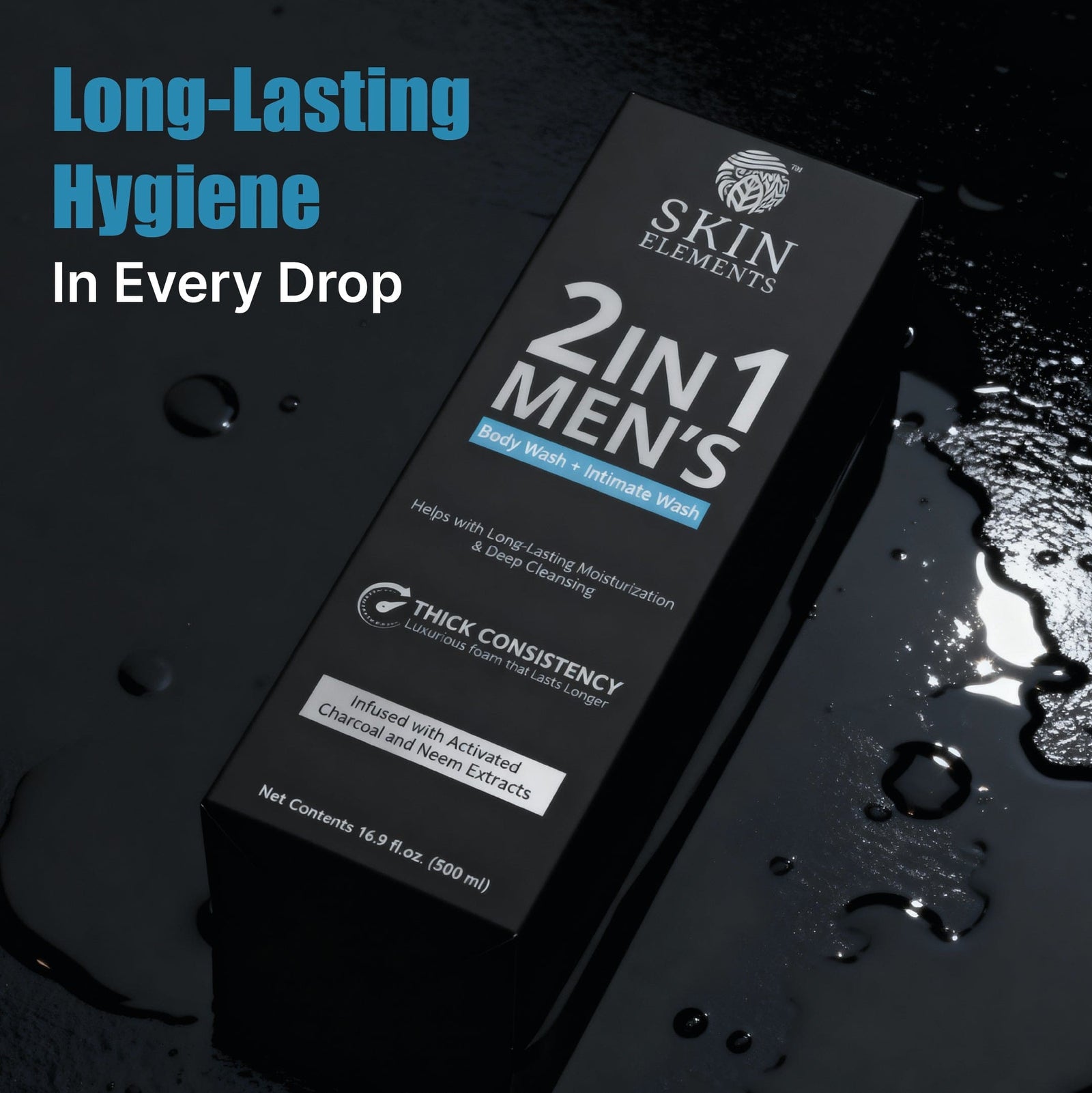 Skin Elements 2-in-1 Body & Intimate Wash for Men | Daily Refreshing Cleanser with Natural Goodness of charcoal & Neem extracts | Thicker Consistency | Long Lasting Freshness | pH Balanced Gentle Body Wash | 500 ml