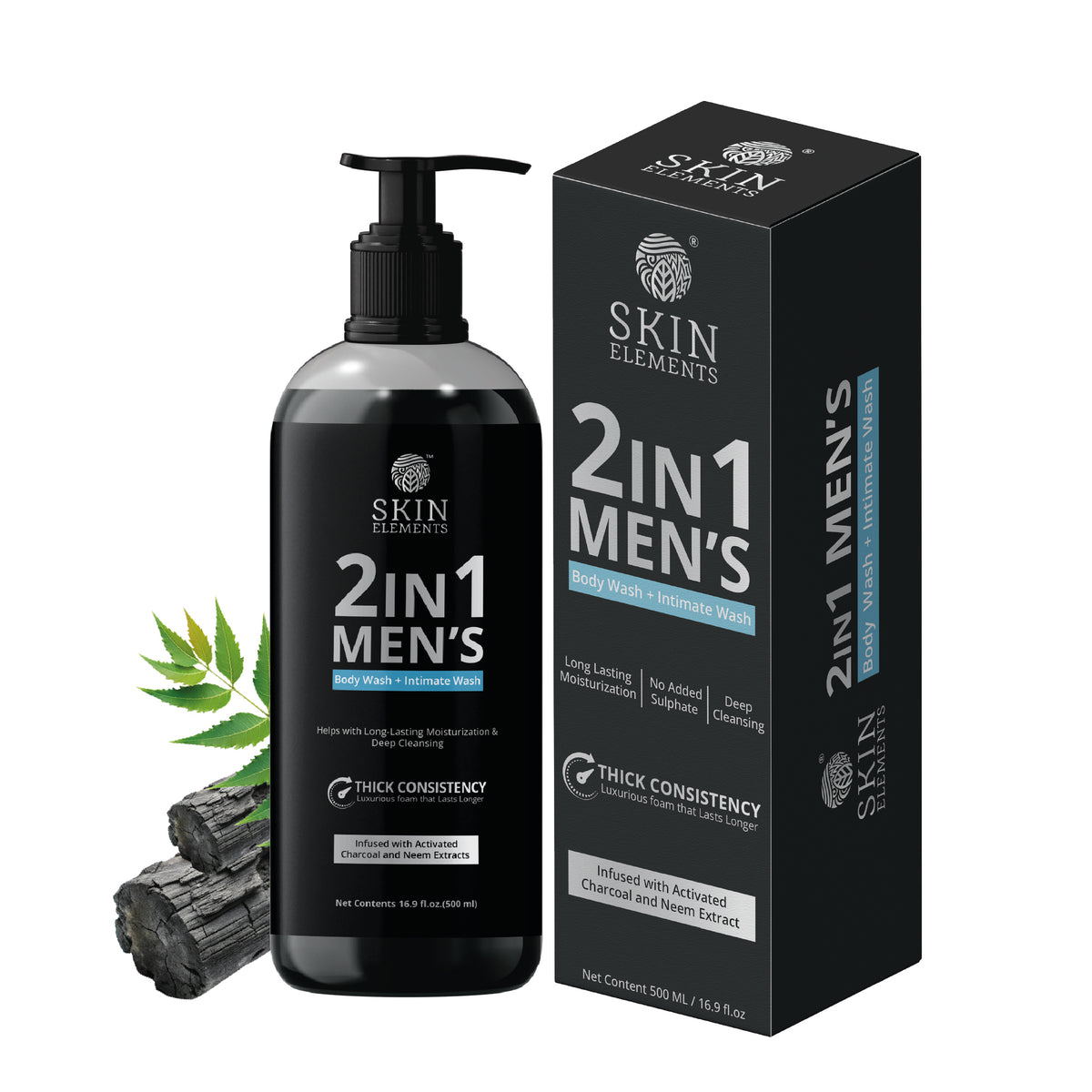 Skin Elements 2-in-1 Body &amp; Intimate Wash for Men | Daily Refreshing Cleanser with Natural Goodness of charcoal &amp; Neem extracts | Thicker Consistency | Long Lasting Freshness | pH Balanced Gentle Body Wash | 500 ml
