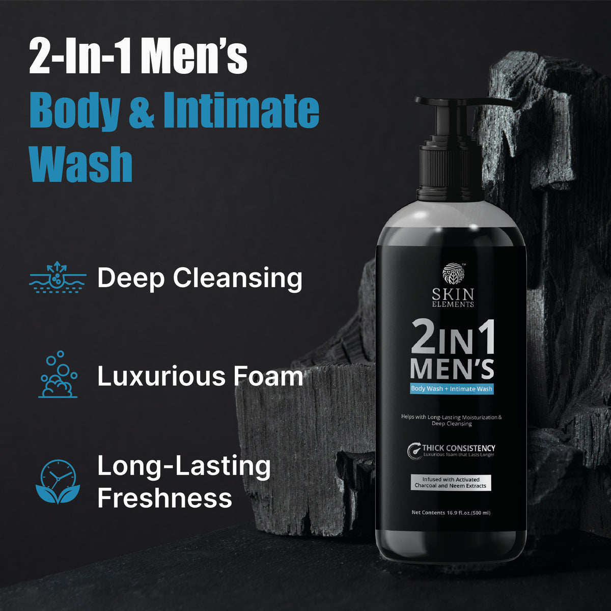 Skin Elements 2-in-1 Body & Intimate Wash for Men | Daily Refreshing Cleanser with Natural Goodness of charcoal & Neem extracts | Thicker Consistency | Long Lasting Freshness | pH Balanced Gentle Body Wash | 500 ml