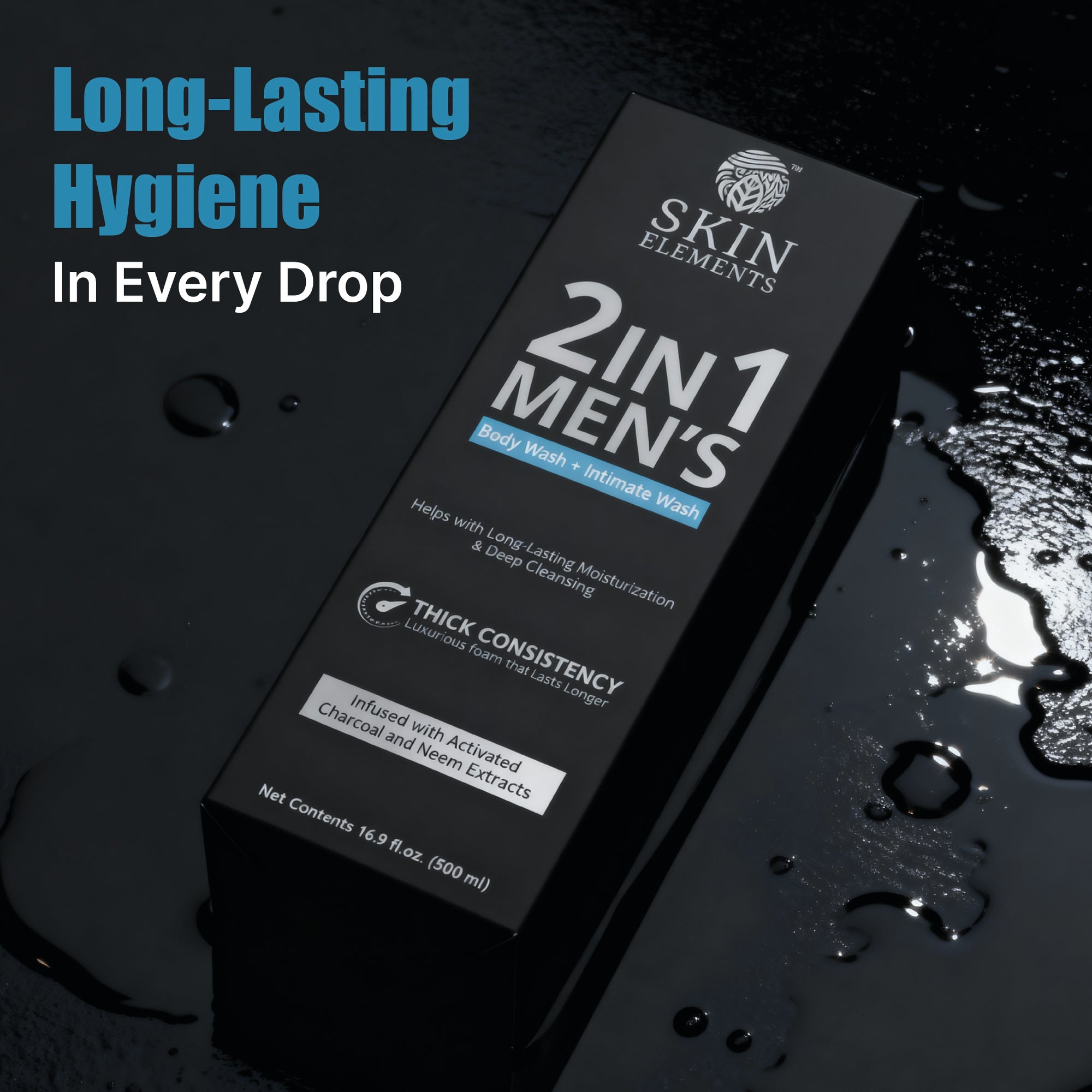 Skin Elements 2-in-1 Body & Intimate Wash for Men | Daily Refreshing Cleanser with Natural Goodness of charcoal & Neem extracts | Thicker Consistency | Long Lasting Freshness | pH Balanced Gentle Body Wash | 500 ml