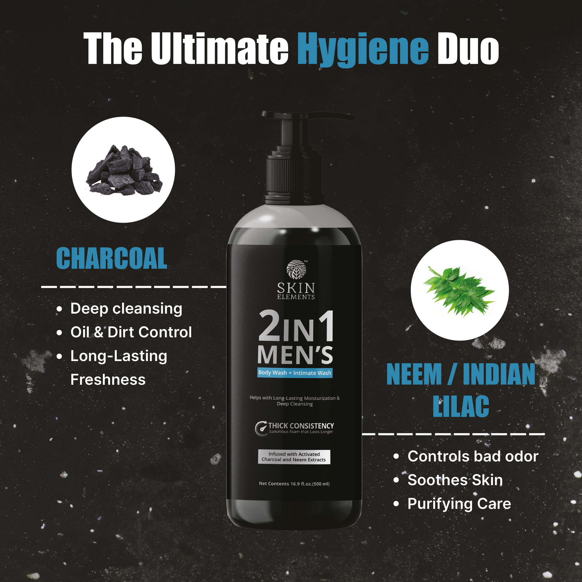 Skin Elements 2-in-1 Body & Intimate Wash for Men | Daily Refreshing Cleanser with Natural Goodness of charcoal & Neem extracts | Thicker Consistency | Long Lasting Freshness | pH Balanced Gentle Body Wash | 500 ml